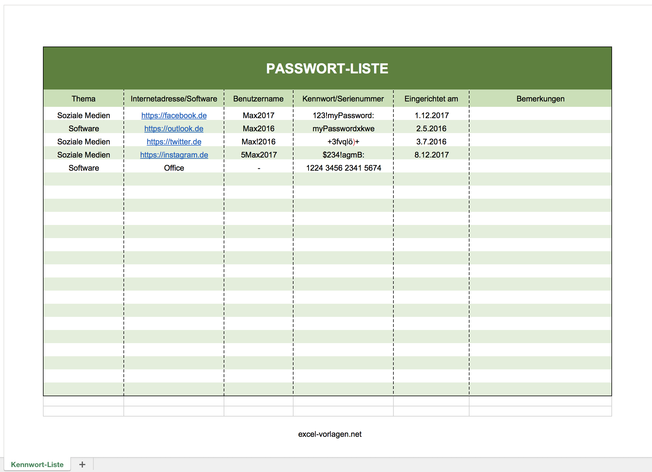 Passwort-Liste mit Excel