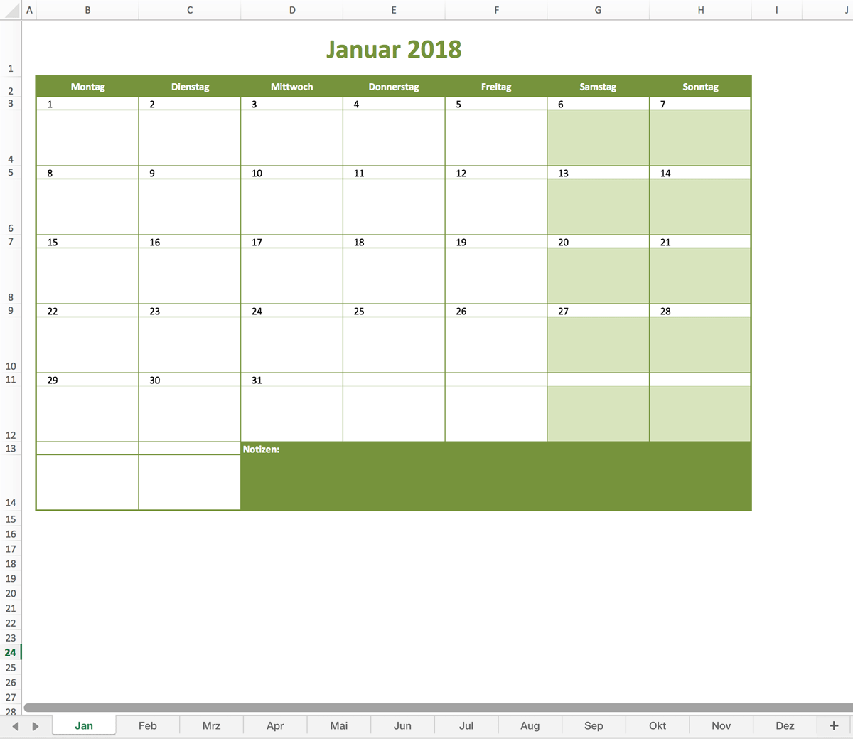 excel kalender 2018