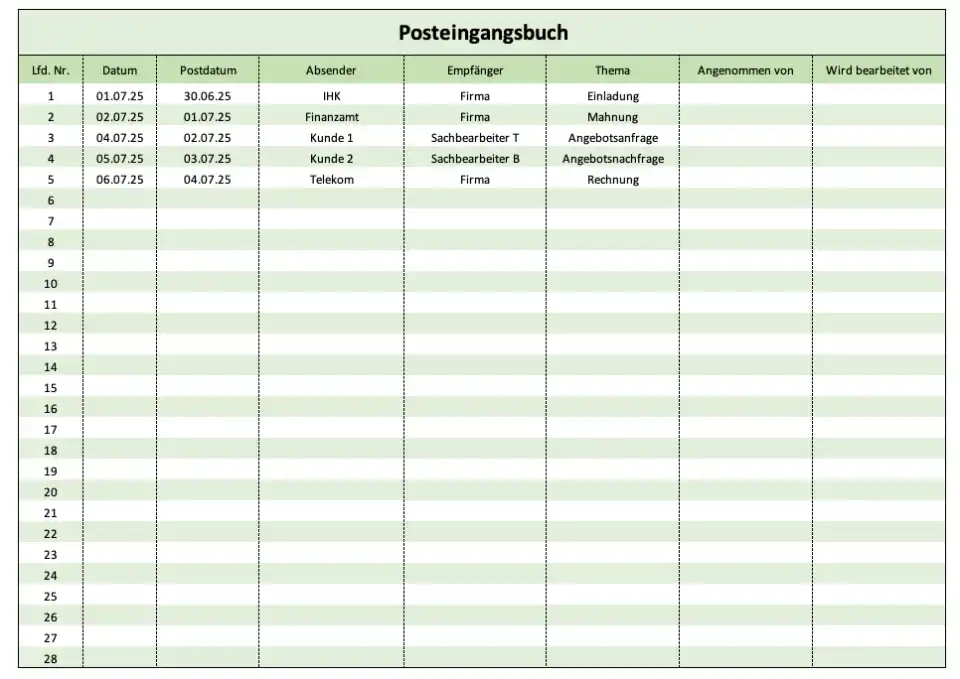 Posteingangsbuch in Farbe (Screenshot der Excel-Vorlage)