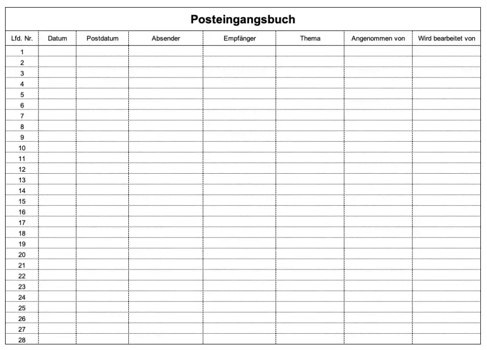 Posteingangsbuch in Schwarz-Weiß (Screenshot der Excel-Vorlage)