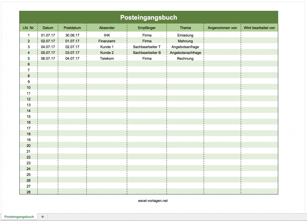 Posteingangsbuch in Farbe mit Excel