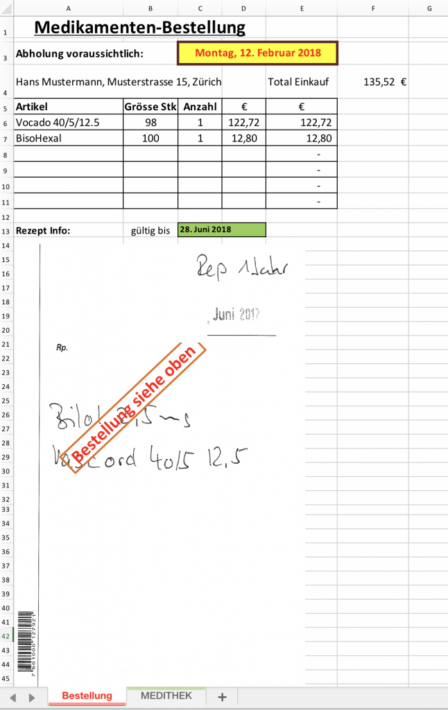 Medikamenten-Bestellung auf Excel-Arbeitsblatt