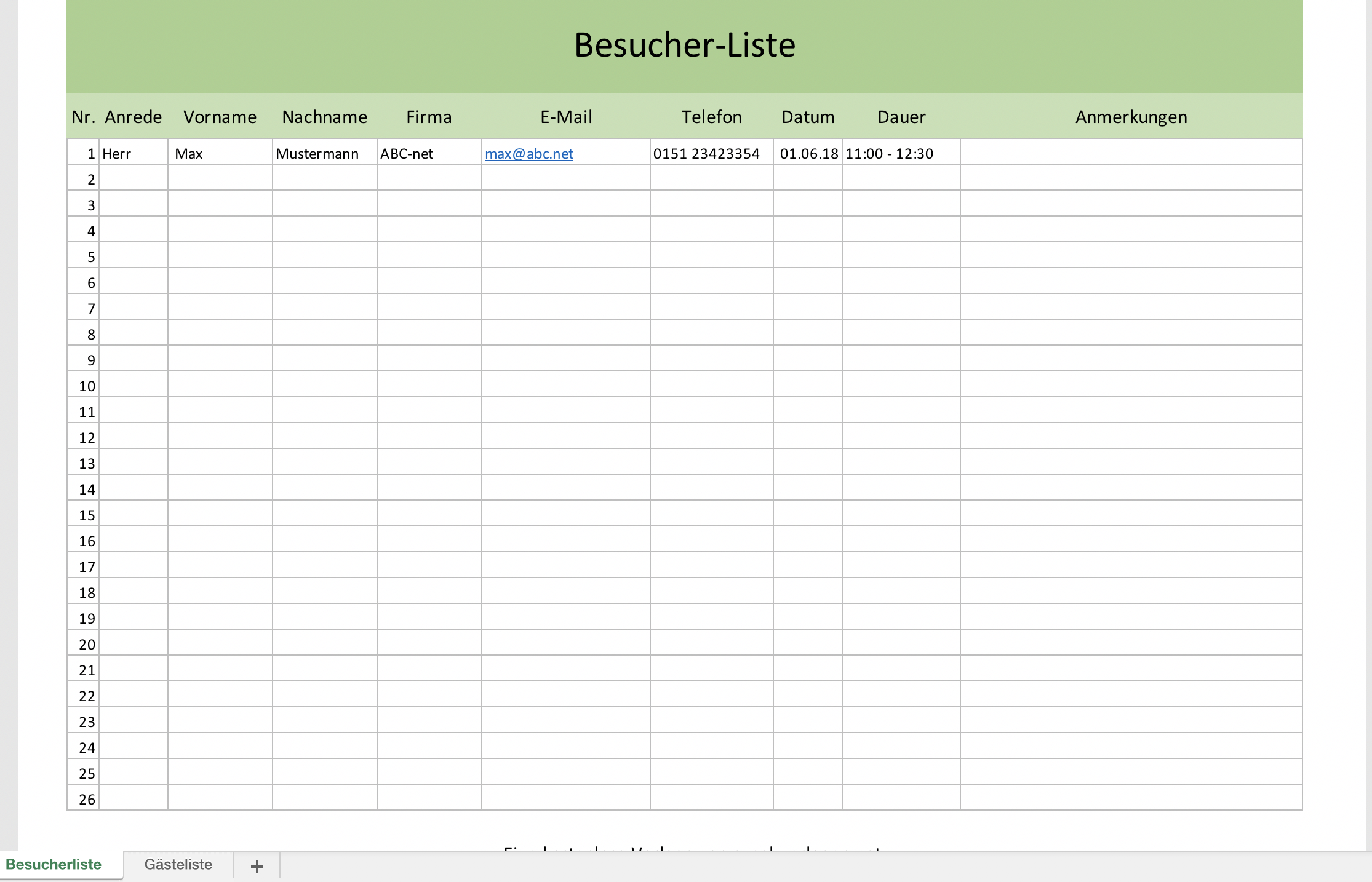 Besucher Und Gasteliste Fur Excel