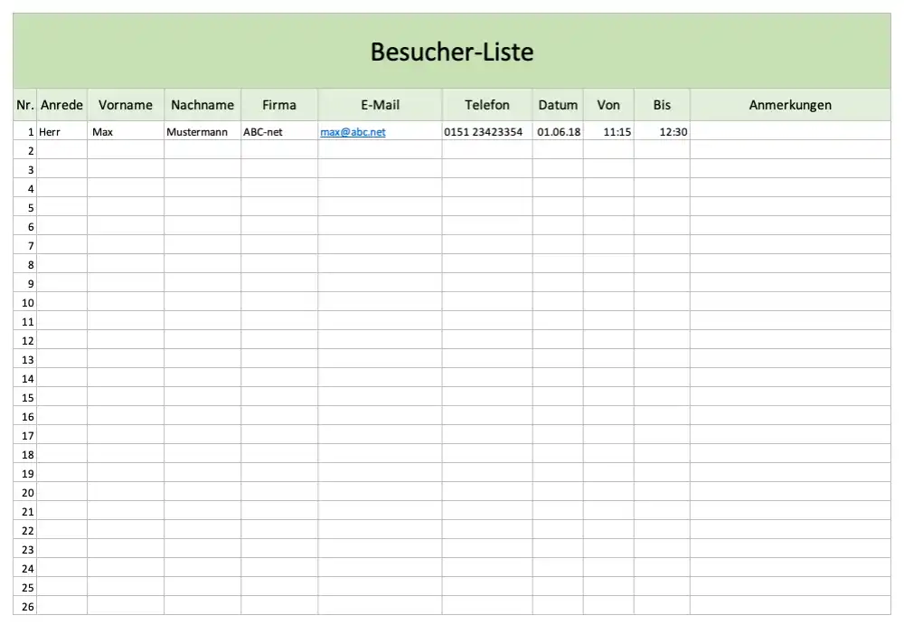 Besucherliste als Excel-Vorlage (Screenshot)