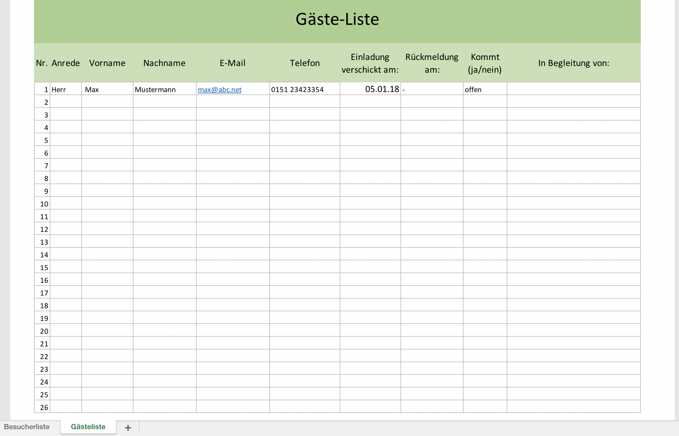 Besucher Und Gasteliste Fur Excel