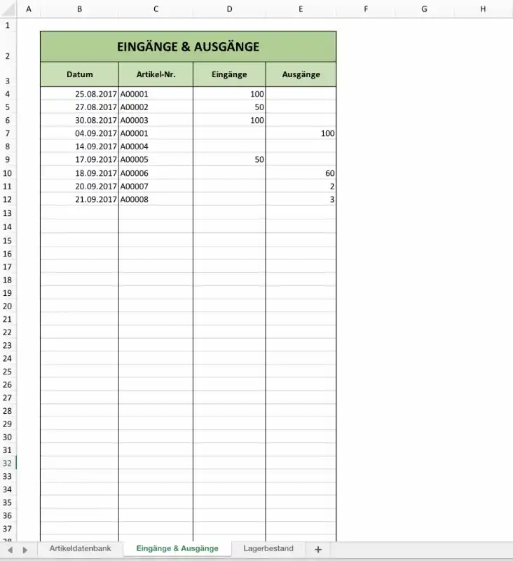 Ein- und Ausgänge des Lagers verwalten (Screenshot der Excel-Vorlage)