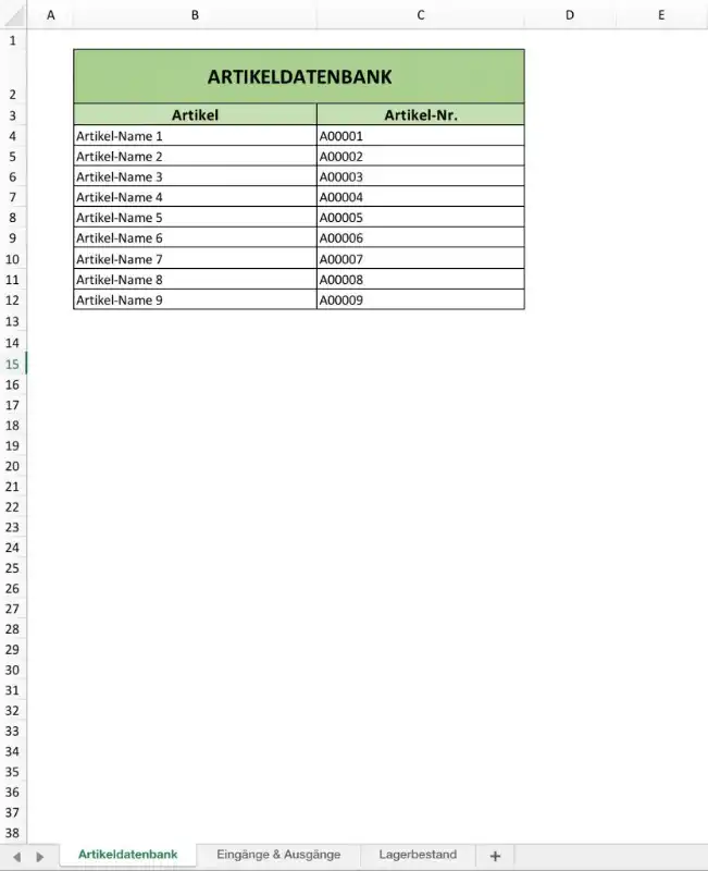 Artikel der Lagerverwaltung eintragen (Screenshot der Excel-Vorlage)