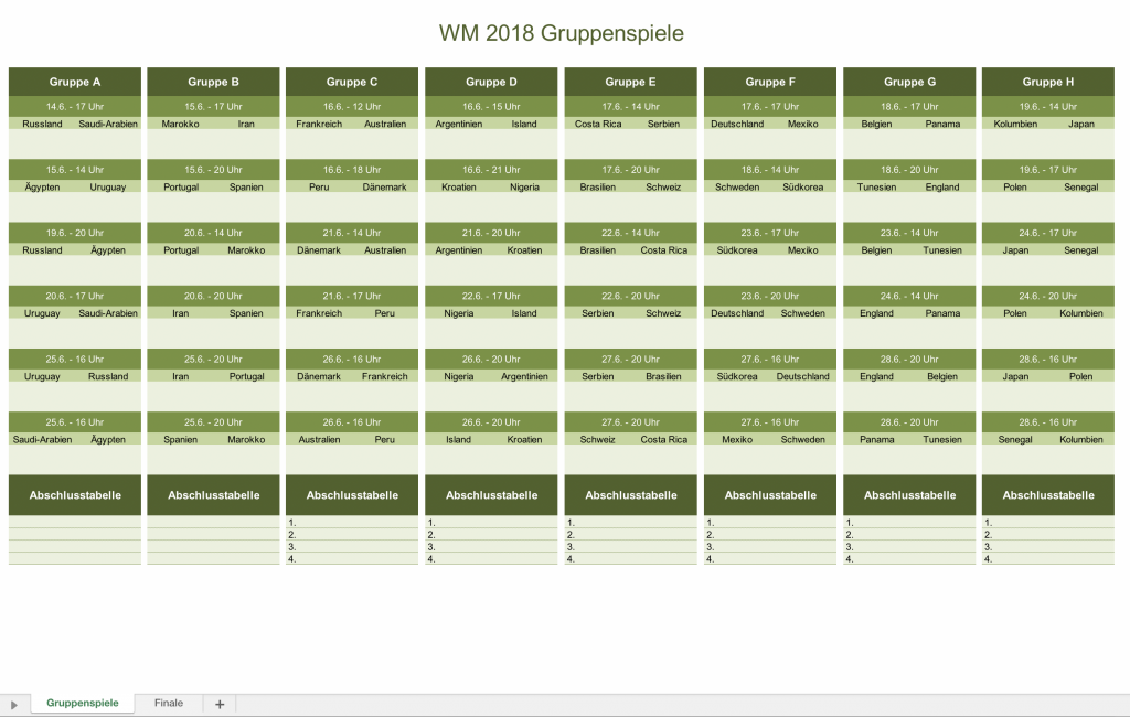 Gruppen-Spielplan WM 2018 mit Excel