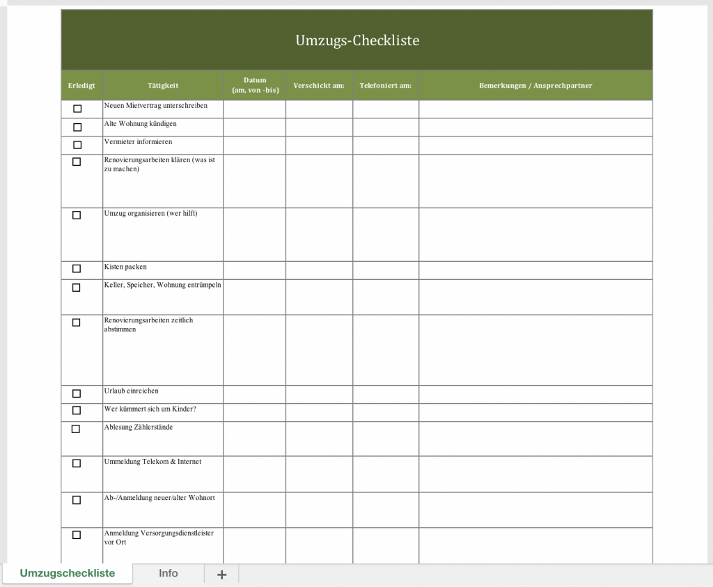 Umzugs-Checkliste für Excel oder als PDF