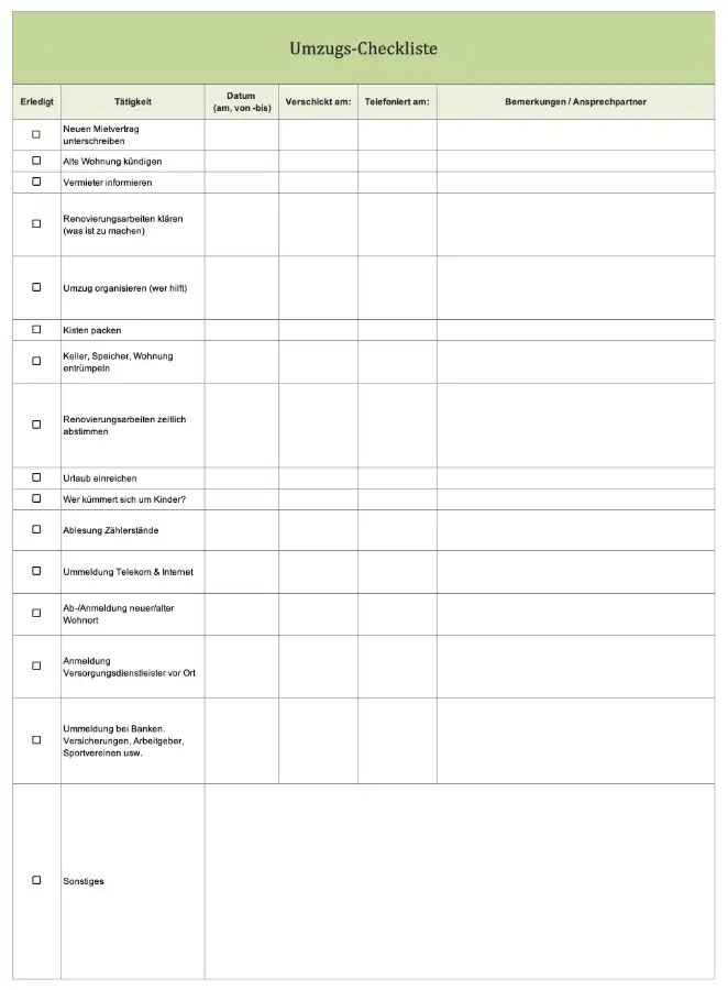 Umzugs-Checkliste für Excel oder als PDF (Screenshot)