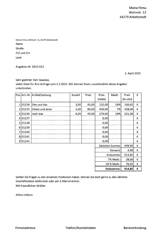 Angebotsvorlage mit Excel