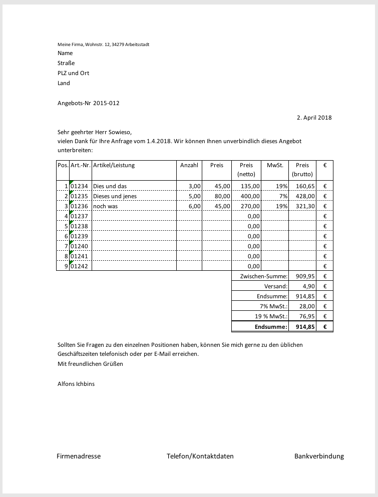 Angebotsvorlage mit Excel