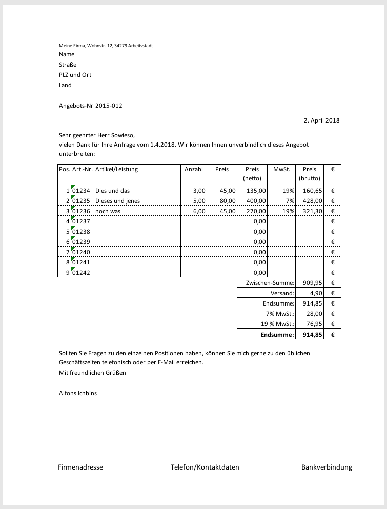 Angebotsvorlage Mit Excel kostenlos Und Ohne Anmeldung 
