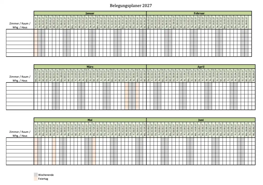 Belegungsplan für Hotels, Ferienhäuser und Räume für 2027 - als Excel-Datei (Screenshot)