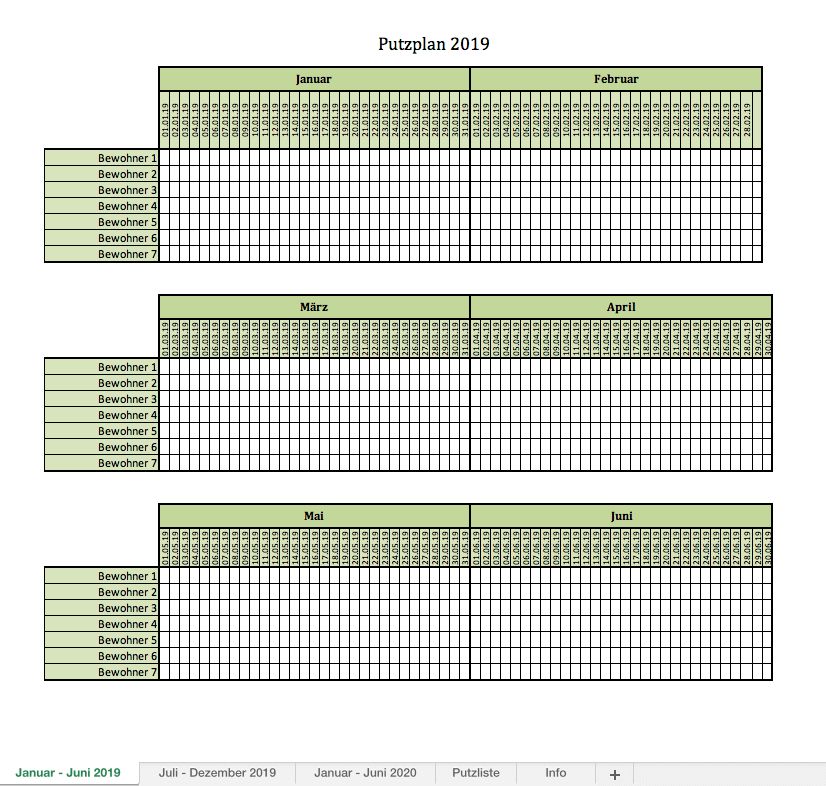 Eine Vorschau auf den Putzplan 2019 mit Excel.