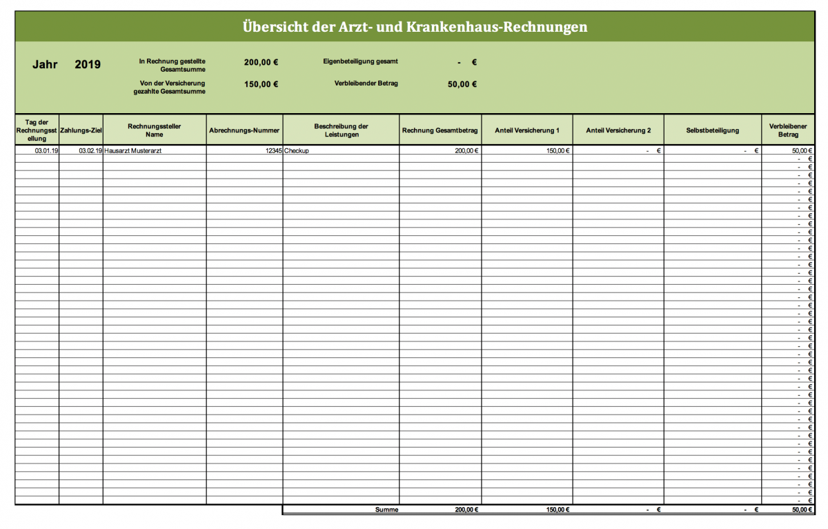 Arztrechnungen verwalten mit Excel