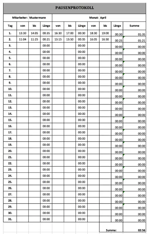 Pausenprotokoll mit automatischer Berechnung der Länge durch Excel