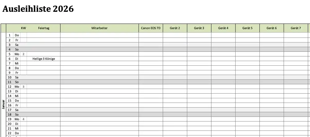Ausleihliste für Geräte für 2026 (Screenshot der Excel-Vorlage)