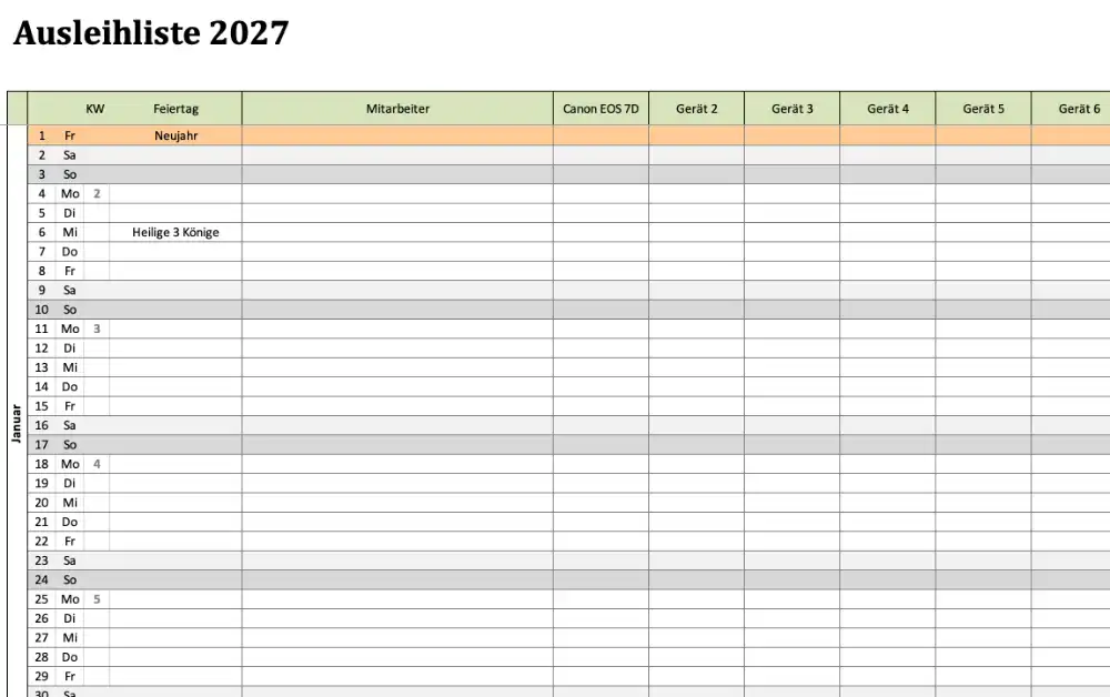 Ausleihliste für Geräte für 2026 (Screenshot der Excel-Vorlage)