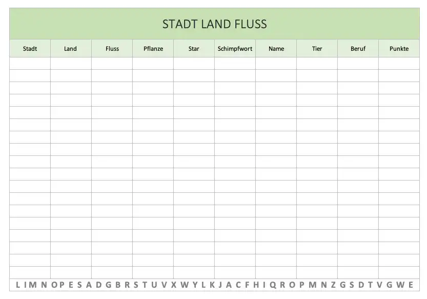 Stadt Land Fluss mit Excel oder PDF in DIN A4