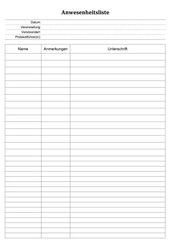Allgemeine Anwesenheitsliste
