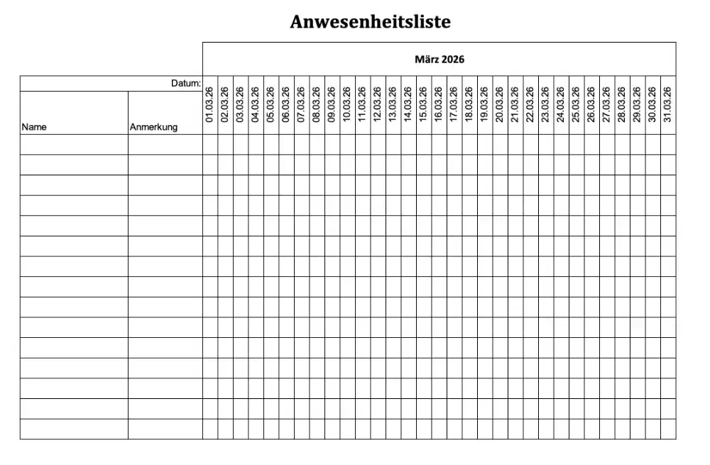Anwesenheitsliste als Excel-Vorlage (Screenshot vom Monat März 2026)