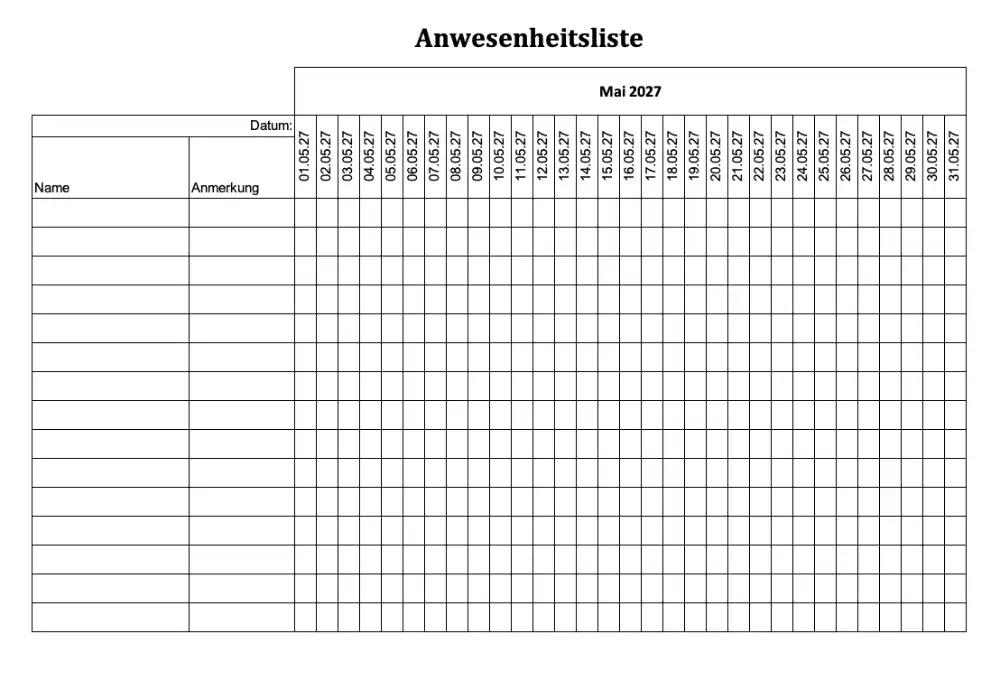 Anwesenheitsliste als Excel-Vorlage (Screenshot vom Monat Mai 2027)