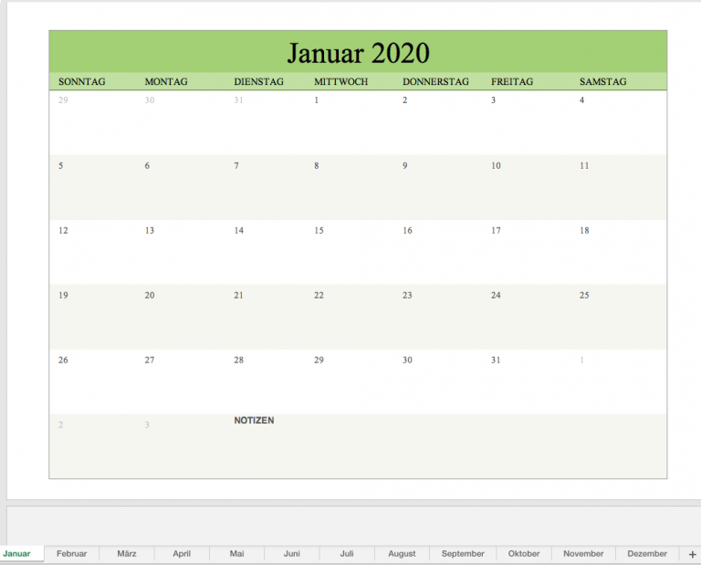 Dauer-Kalender mit Excel als Monatsansicht