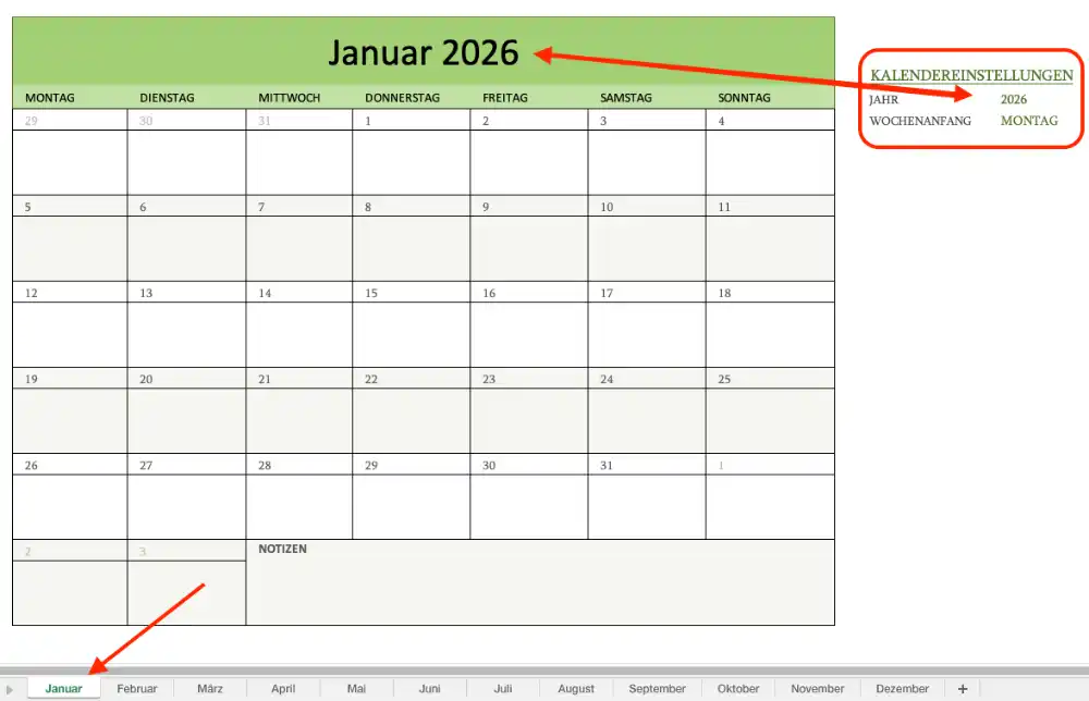Ewiger Kalender mit Excel - Einstellungen im Monat Januar