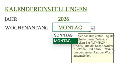 Wochenanfangstag in Excel-Vorlage festlegen