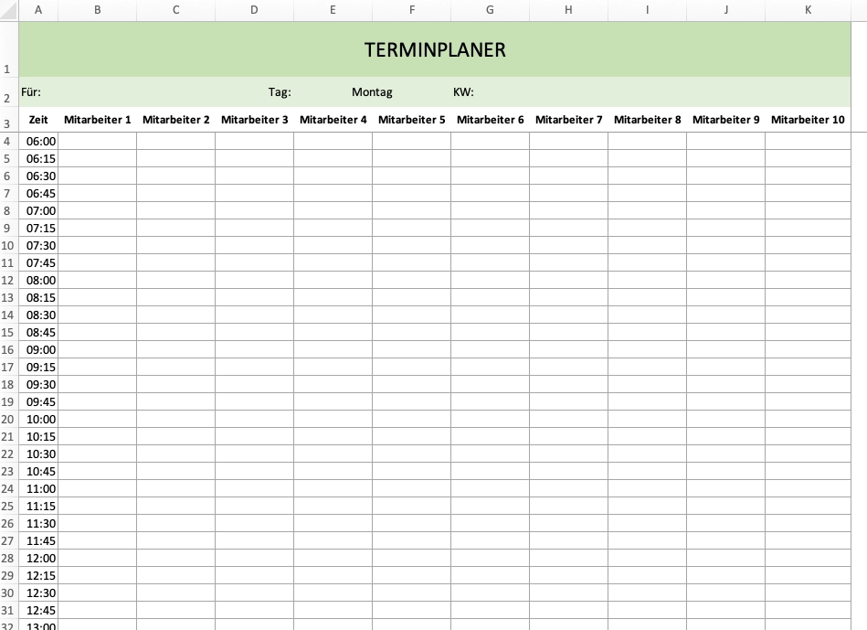 Screenshot vom einfachen Terminplaner mit Excel