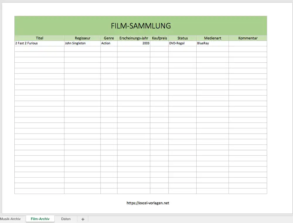 Excel Filmsammlung
