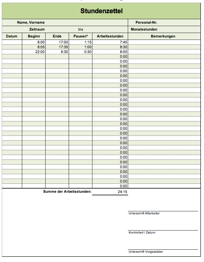 Vorschau des Stundenzettels