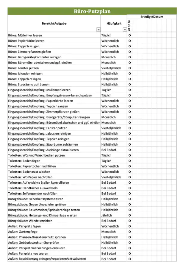 Büro-Putzplan Excel Vorlage (Screenshot)
