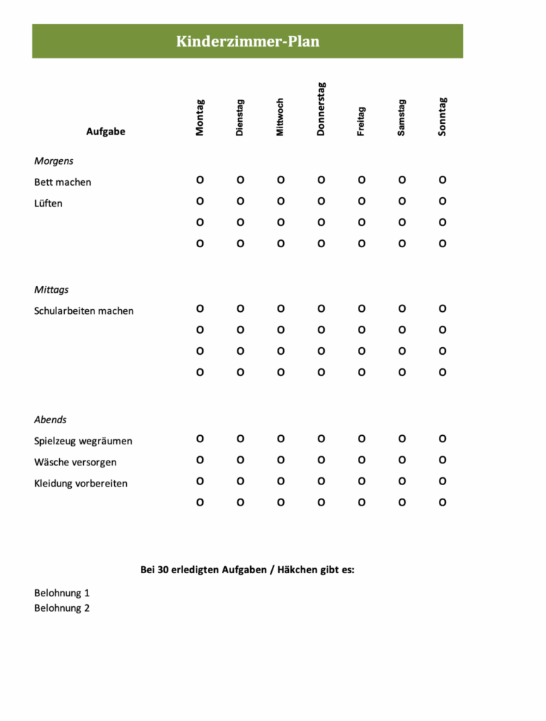 Kinderzimmer Aufräumplan (Bildschirmfoto der Excelvorlage)