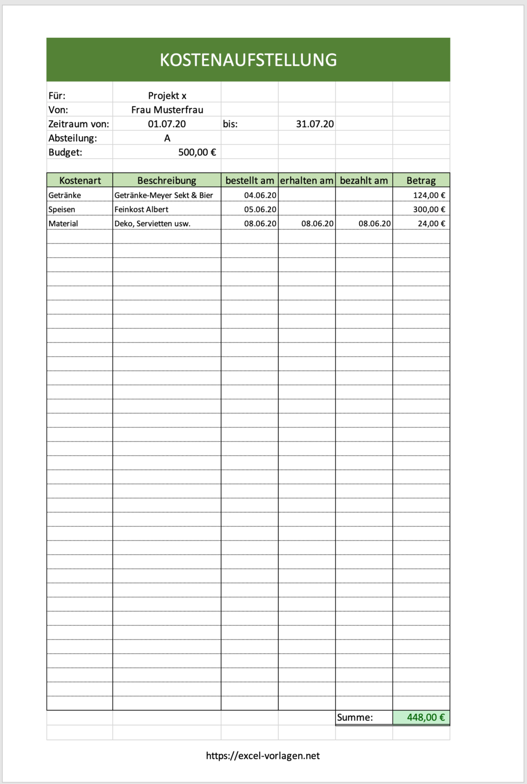Kostenaufstellung Excel Vorlage kostenlos