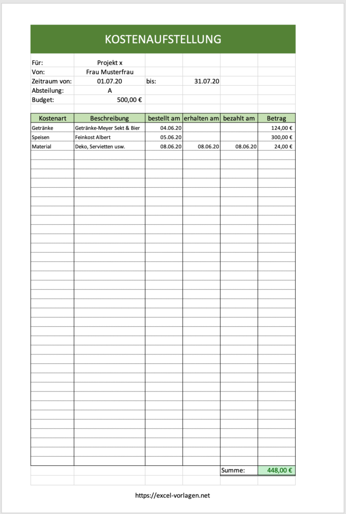 Kostenaufstellung Excel Vorlage Kostenlos
