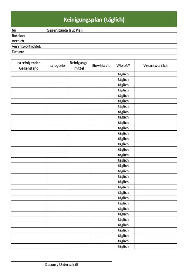Täglicher Reinigungsplan für die Küche (Screenshot der Excel-Vorlage)