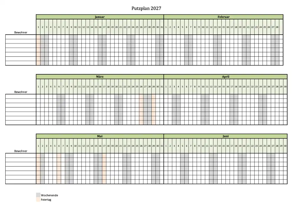 Screenshot vom Putzplan 2027 als Excel-Vorlage