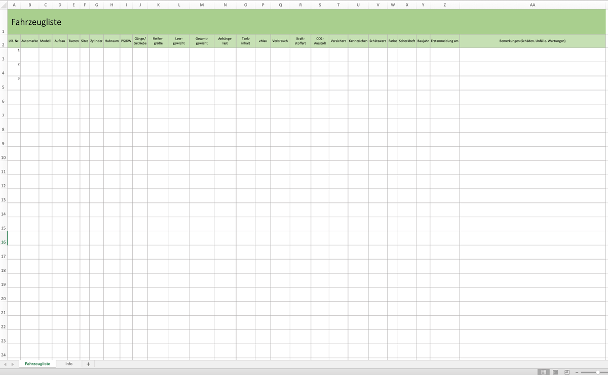 Fahrzeugliste Mit Excel Erfassen