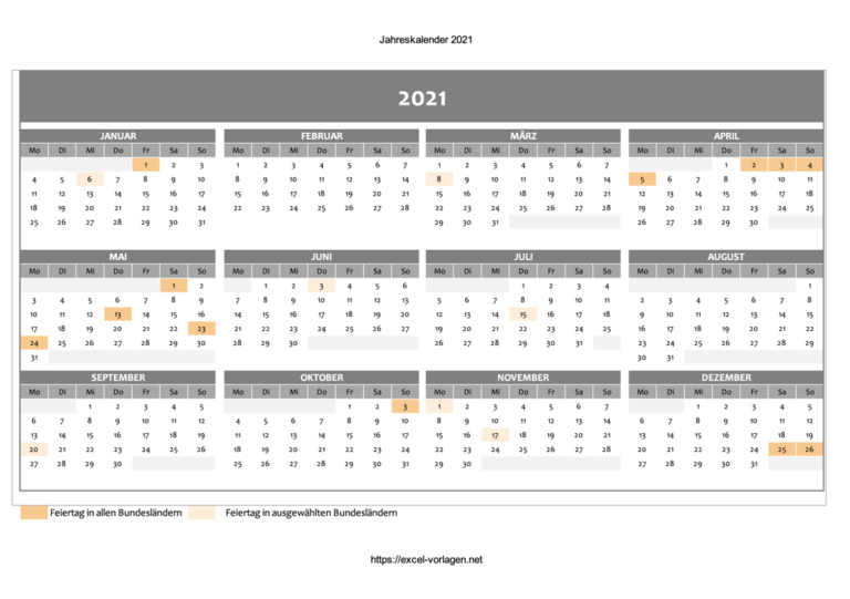 Excel Jahreskalender 2021