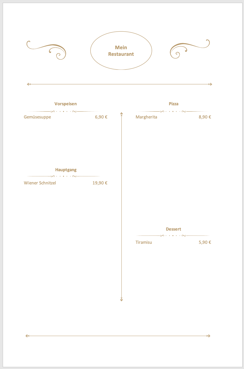 Vorschau auf die Speisekarte als Excel-Vorlage