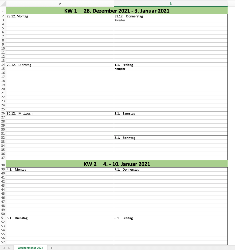Wochen-Kalender für 2021 als Excelvorlage