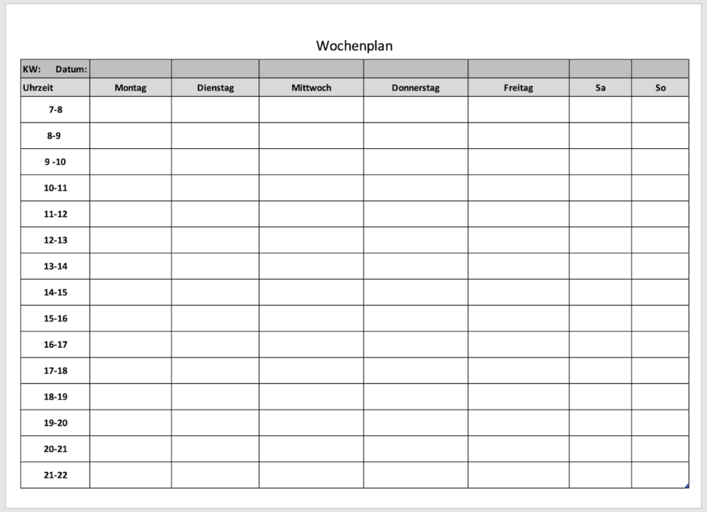 Wochenplan als Excel Vorlage oder als PDF