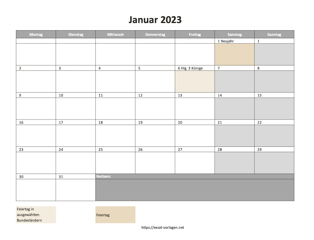 Monatskalender 2023 (Screenshot vom Januar)