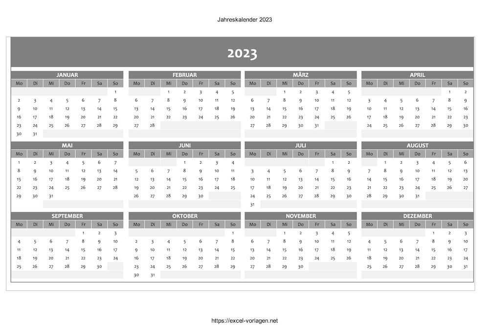 Jahreskalender 2023 mit Excel