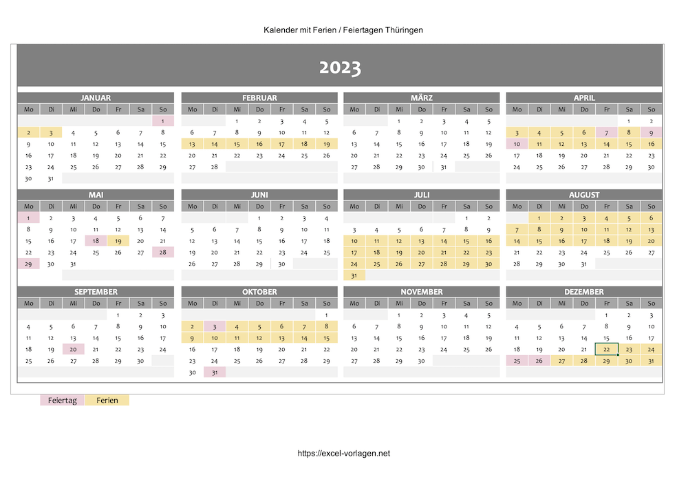 Jahreskalender 2023 mit Schulferien am Beispiel Thüringen