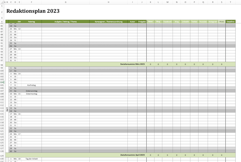 Voransicht des Redaktionsplans 2023 als Excelvorlage