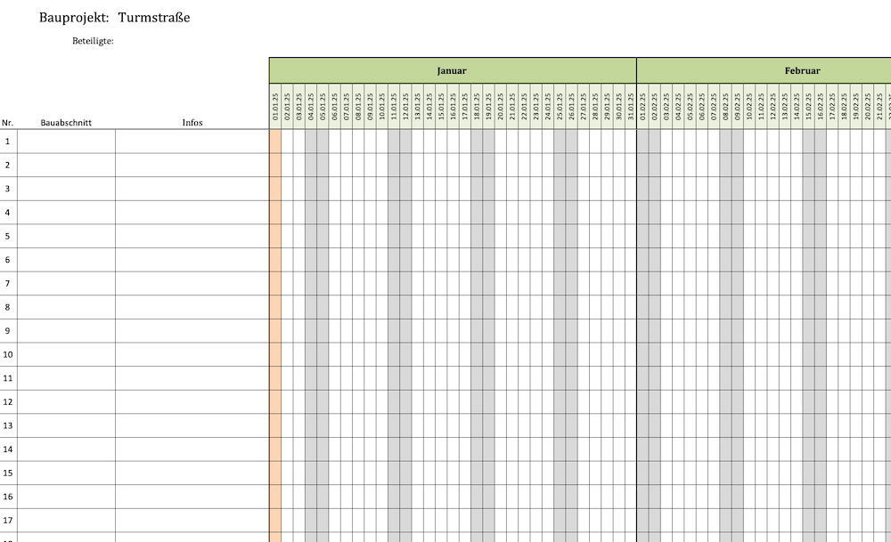 Umfassender Bauzeitenplan für 2025 mit Excel 