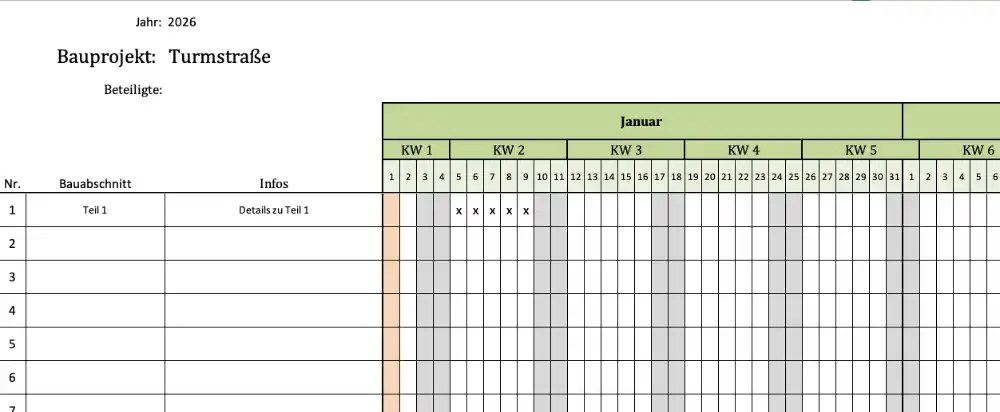 Umfassender Bauzeitenplan für 2026 mit KW-Angaben als Excel-Vorlage